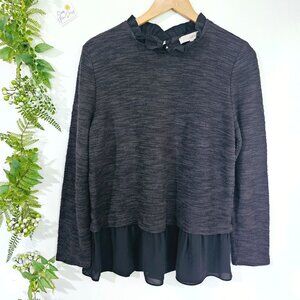 Loft Black Long Sleeve Layered Top With‎ Sheer Peplum & Ruffle Neckline《880》J